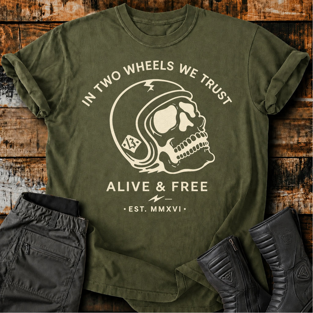 In Two Wheels We Trust T‑Shirt