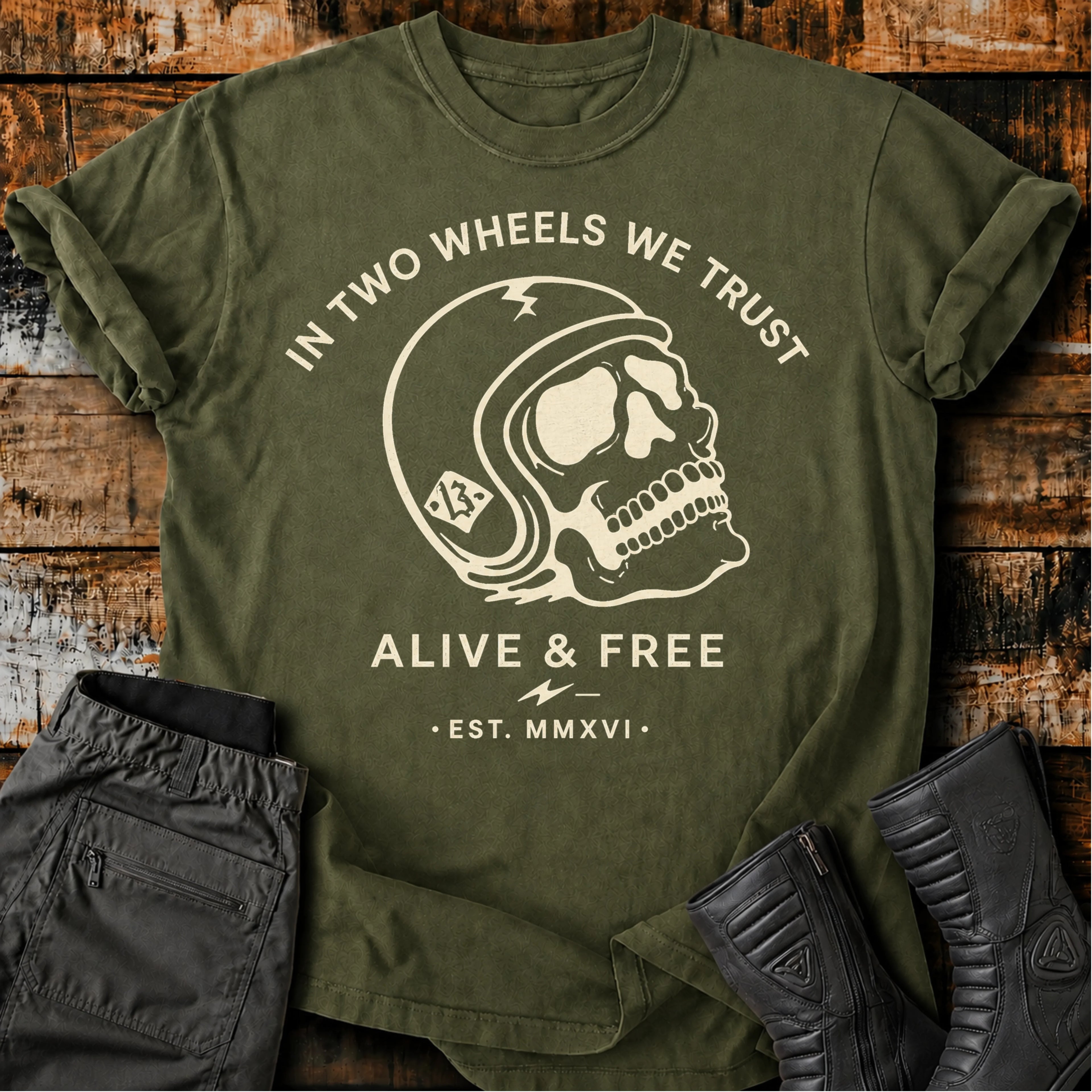 In Two Wheels We Trust T‑Shirt