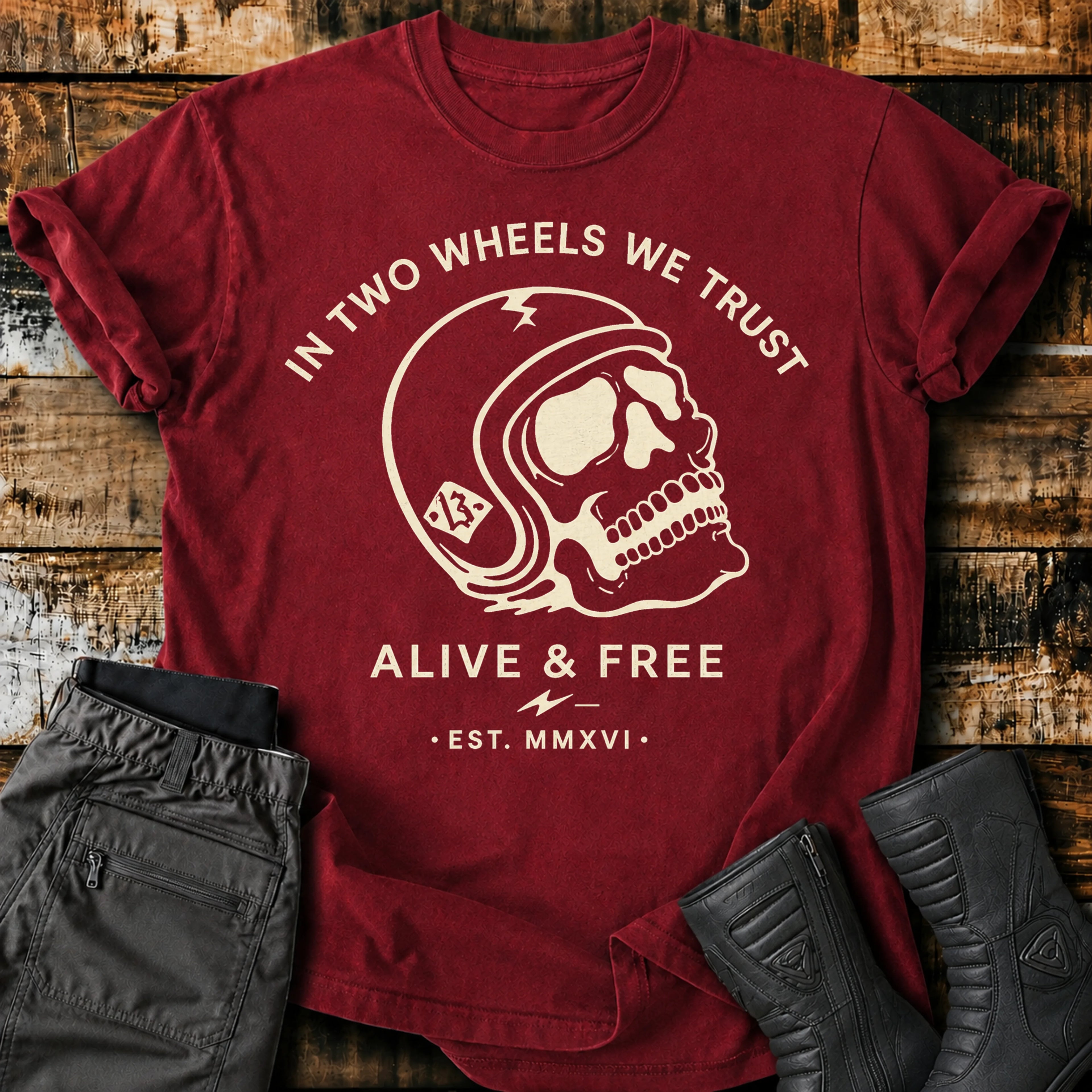 In Two Wheels We Trust T‑Shirt