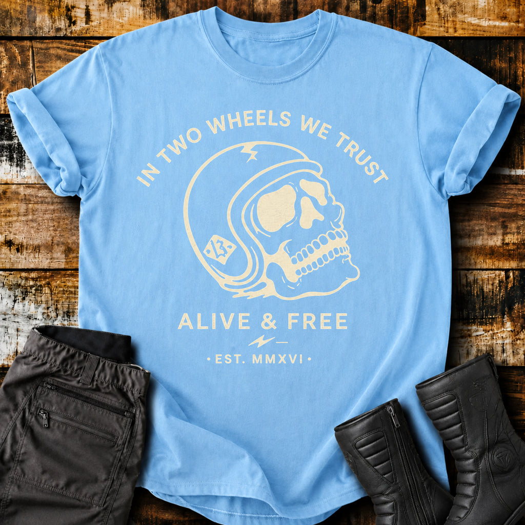 In Two Wheels We Trust T‑Shirt
