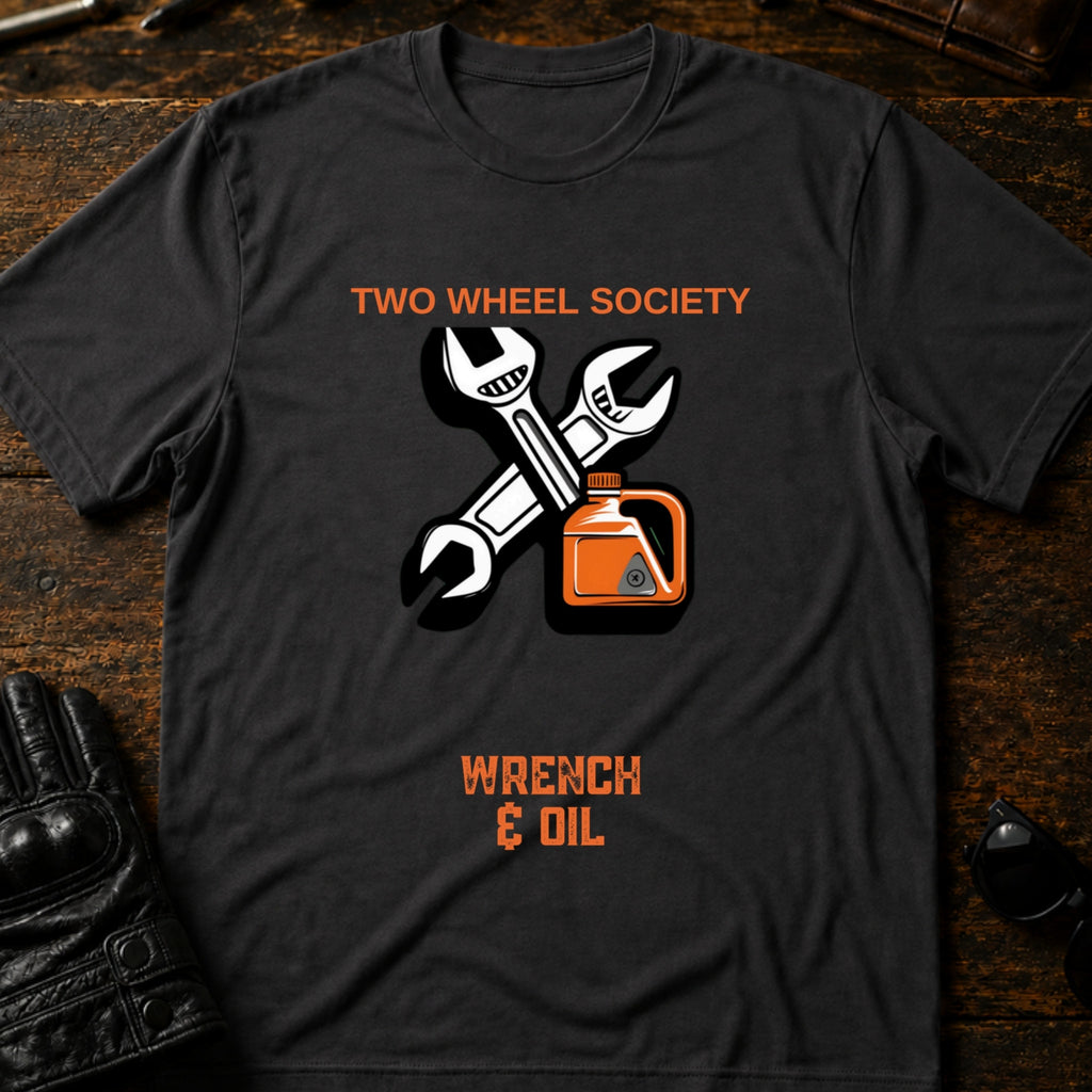 Wrench and Oil Emblem T-Shirt - mockup 3 charcoal