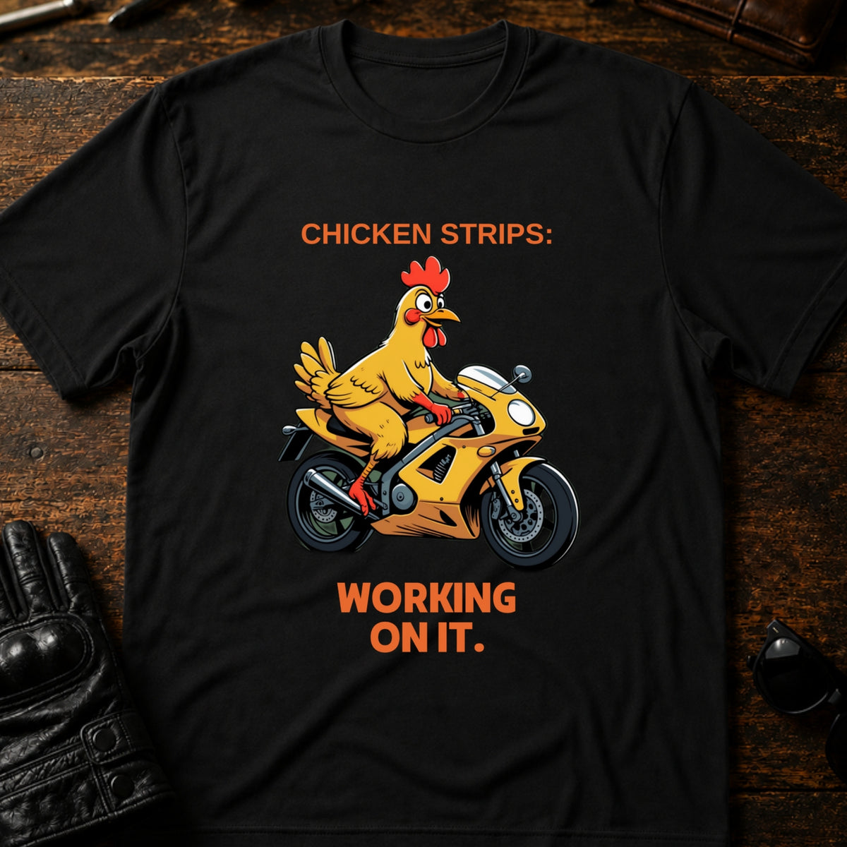 Chicken Strips Working On It Sportbike T-Shirt, black