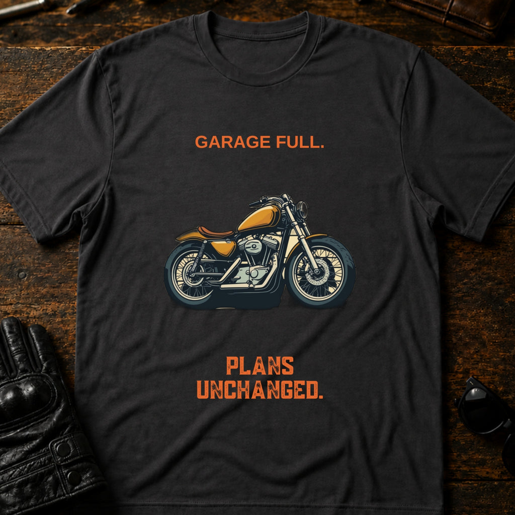 Garage Full Plans Unchanged Funny Motorcycle T-Shirt - mockup 3 charcoal