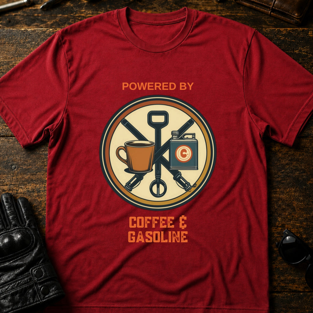 Powered By Coffee And Gasoline Two Wheel Society T-Shirt - mockup 7 cardinal red