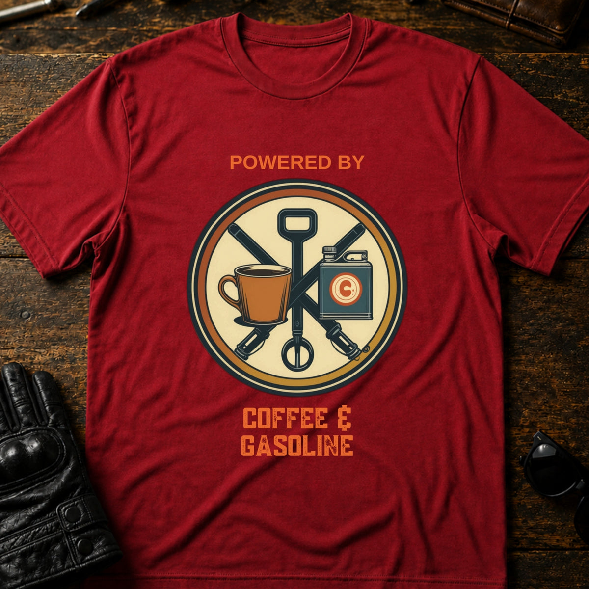 Powered By Coffee And Gasoline Two Wheel Society T-Shirt, cardinal red