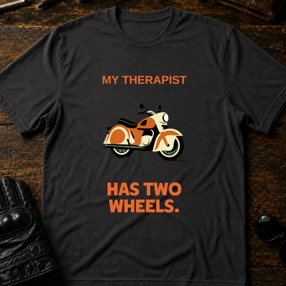 My Therapist Has Two Wheels Motorcycle T-Shirt, charcoal