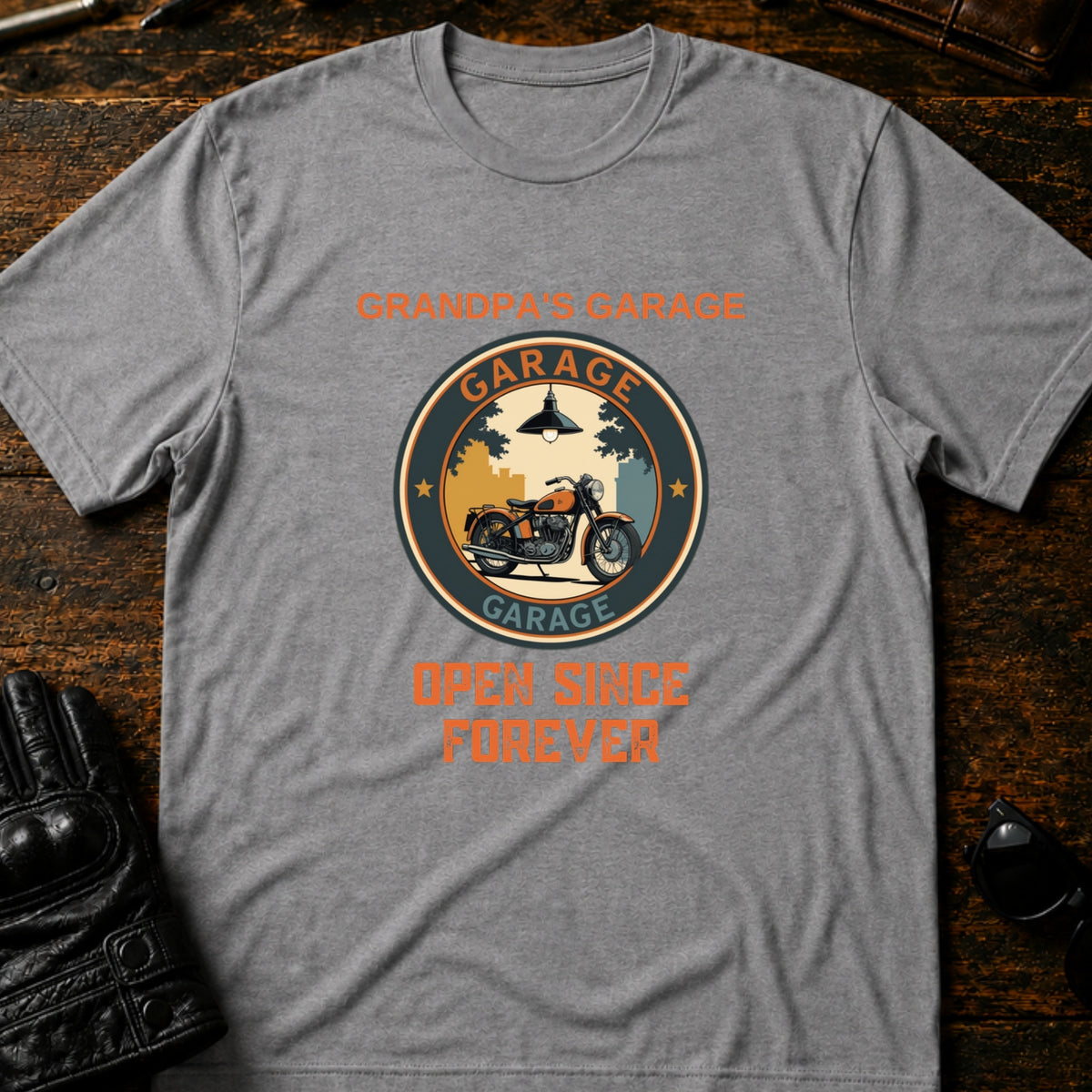 Grandpas Garage Open Since Forever Biker T-Shirt, sport gray