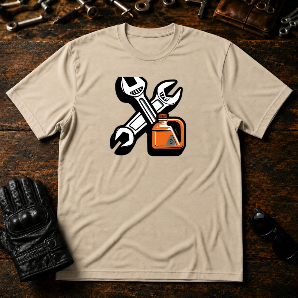 Wrench and Oil Emblem T-Shirt - mockup 6 sand