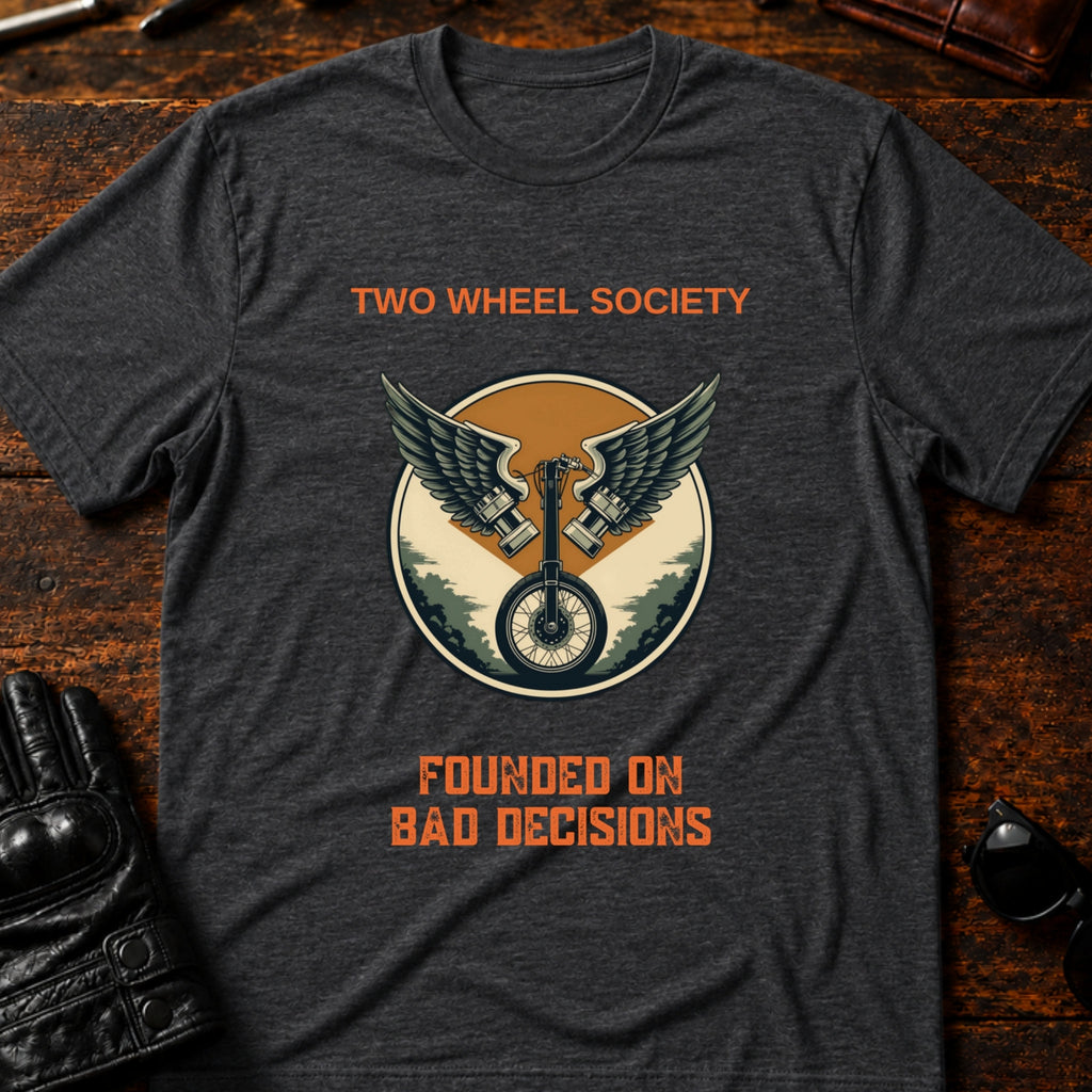 Two Wheel Society Founded On Bad Decisions T-Shirt - mockup 8 dark heather