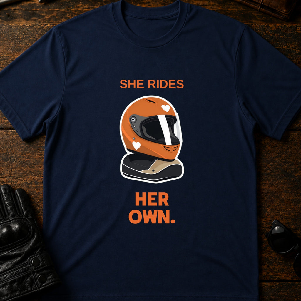 She Rides Her Own Women Motorcycle T-Shirt - mockup 5 navy