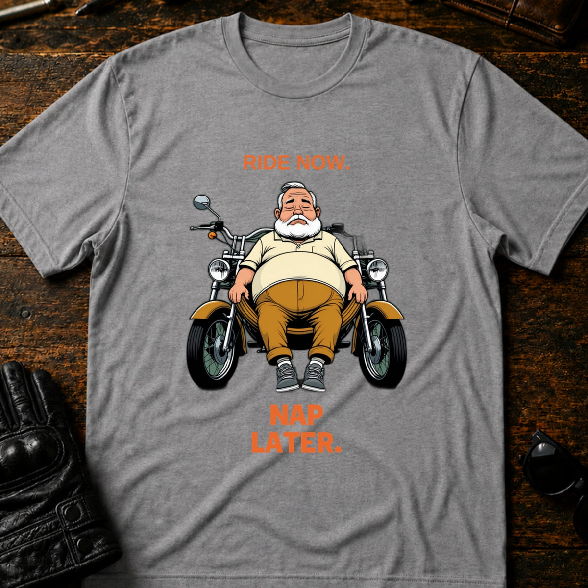 Ride Now Nap Later Grandpa Motorcycle T-Shirt, sport gray