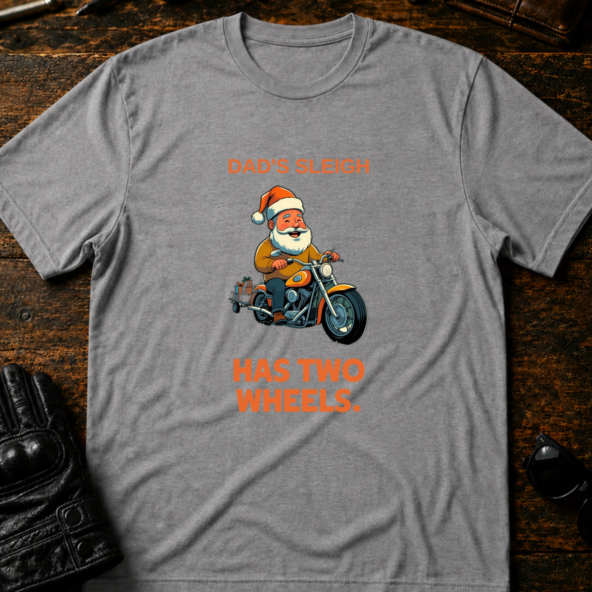 Dads Sleigh Has Two Wheels Christmas Motorcycle T-Shirt, sport gray