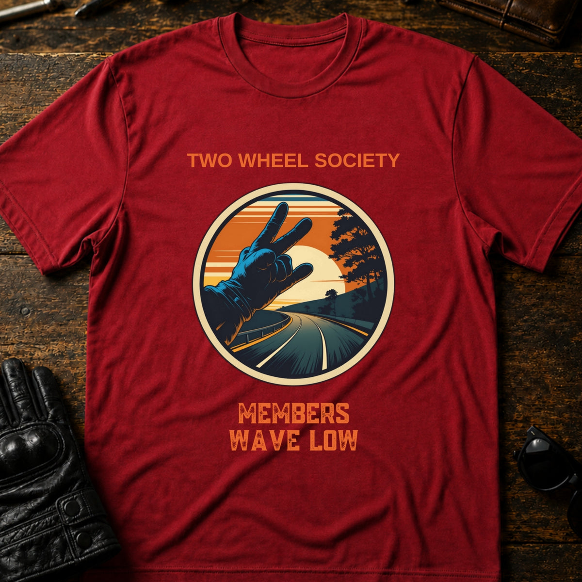 Two Wheel Society Members Wave Low Biker T-Shirt, cardinal red