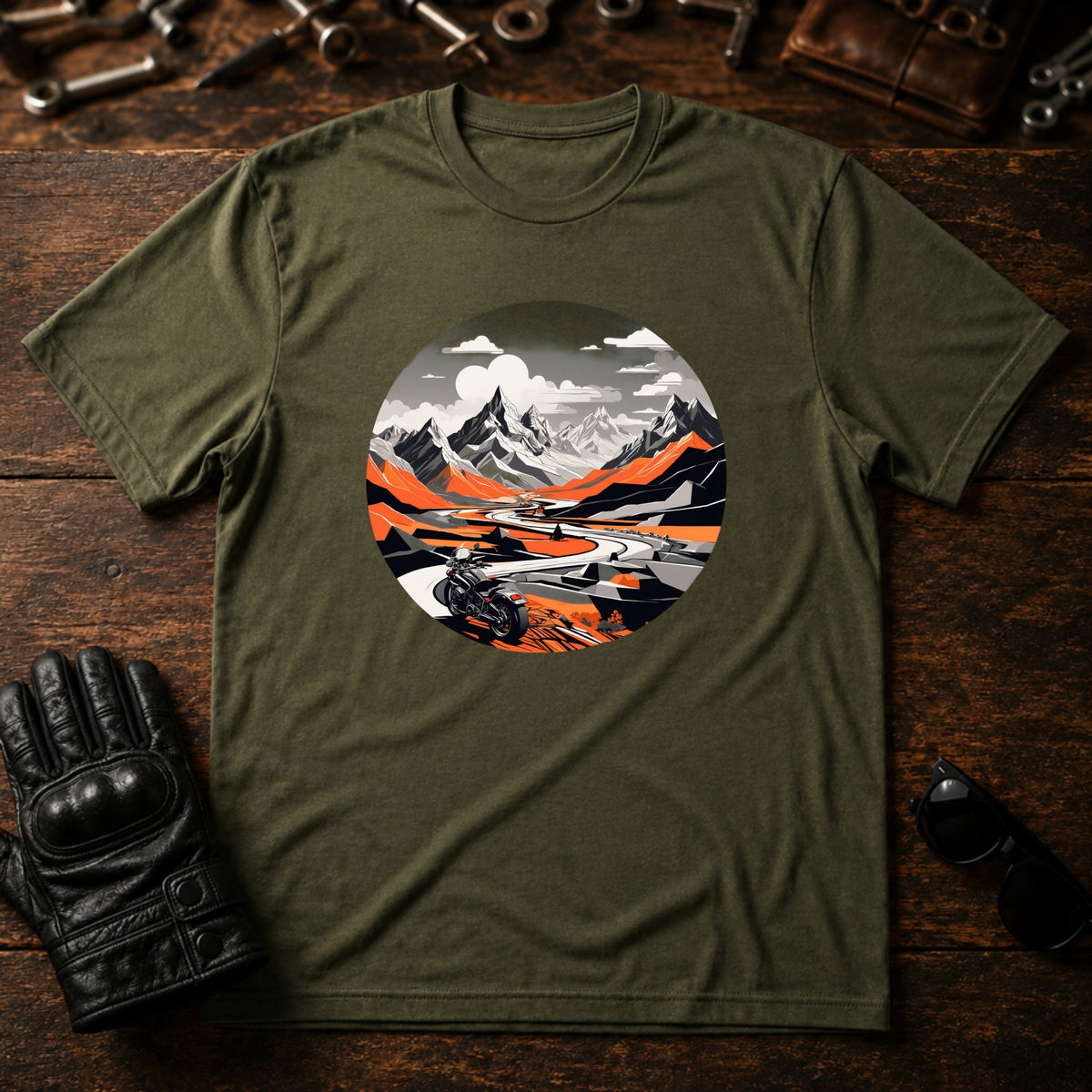 Mountain Pass Ride T-Shirt - mockup 2 military green