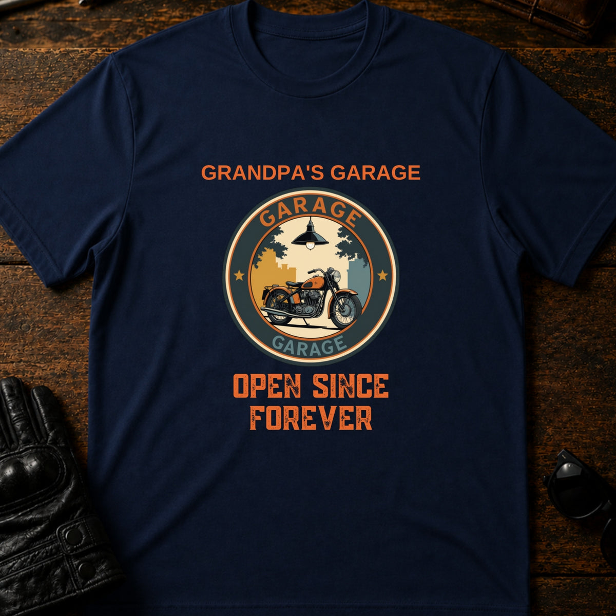 Grandpas Garage Open Since Forever Biker T-Shirt, navy
