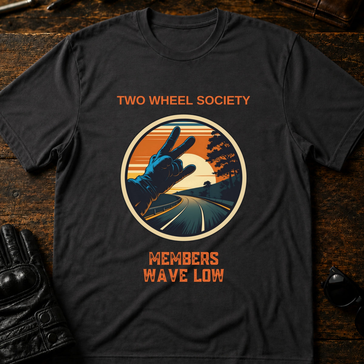Two Wheel Society Members Wave Low Biker T-Shirt, charcoal