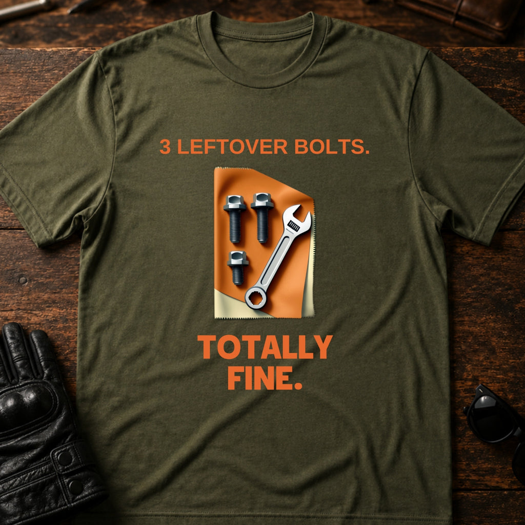 Three Leftover Bolts Totally Fine Mechanic Biker T-Shirt - mockup 2 military green