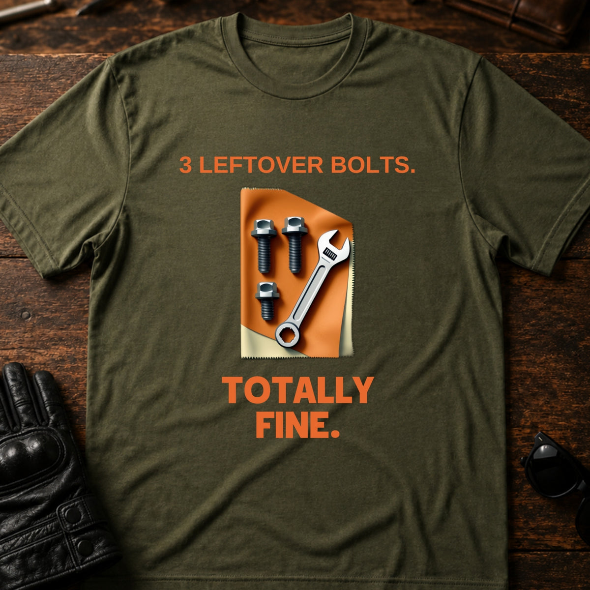 Three Leftover Bolts Totally Fine Mechanic Biker T-Shirt, military green