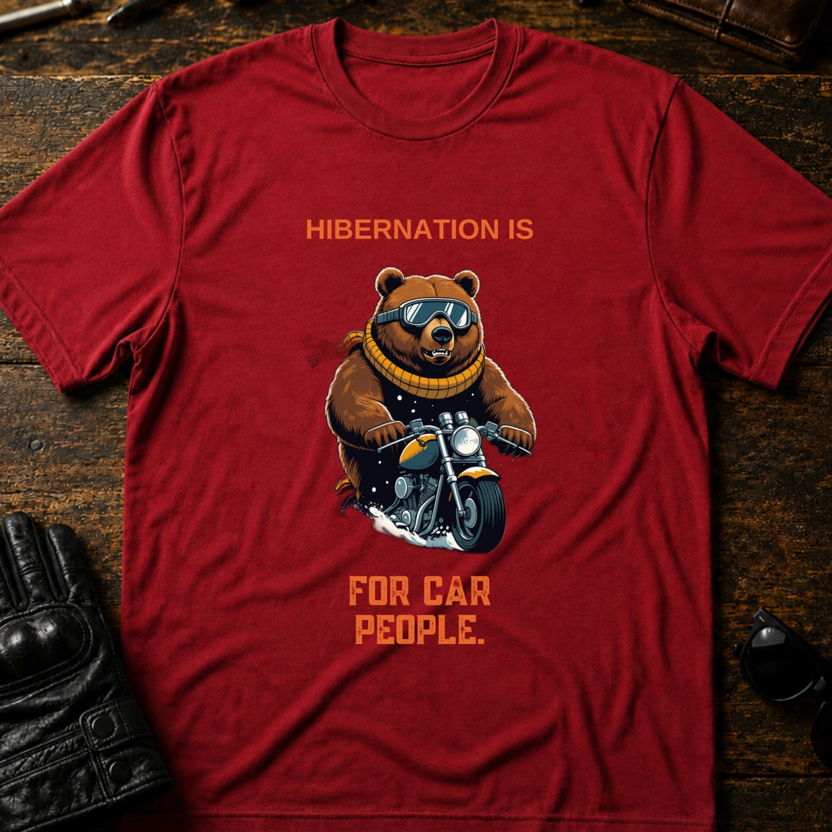 Hibernation Is For Car People Winter Biker T-Shirt, cardinal red