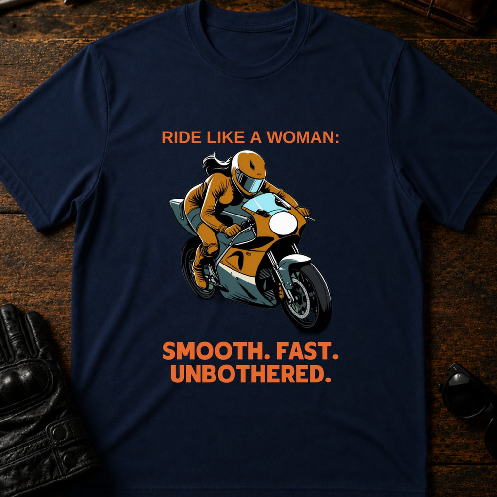 Ride Like A Woman Smooth Fast Unbothered T-Shirt - mockup 5 navy
