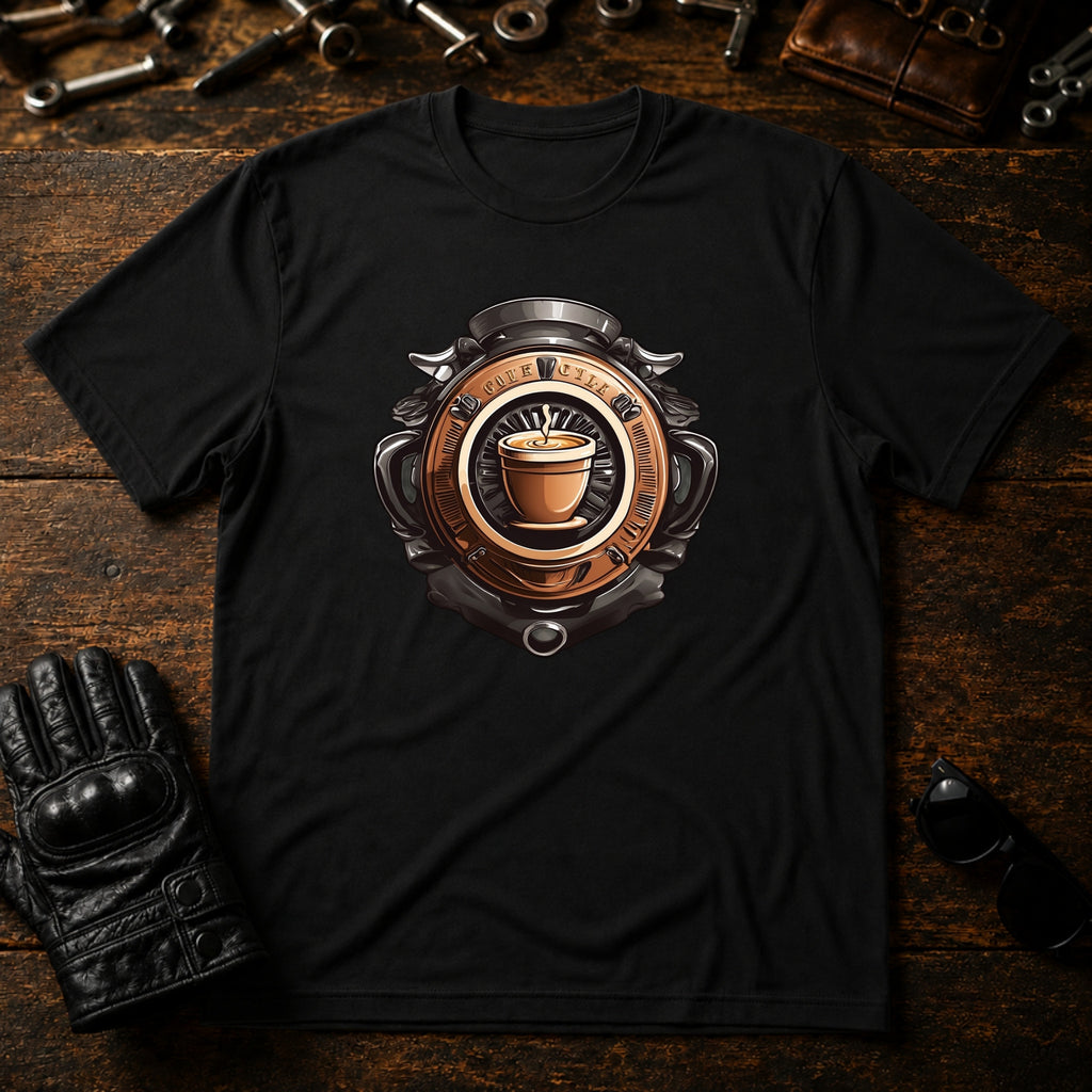 Coffee and Wheels Emblem T-Shirt - mockup 1 black