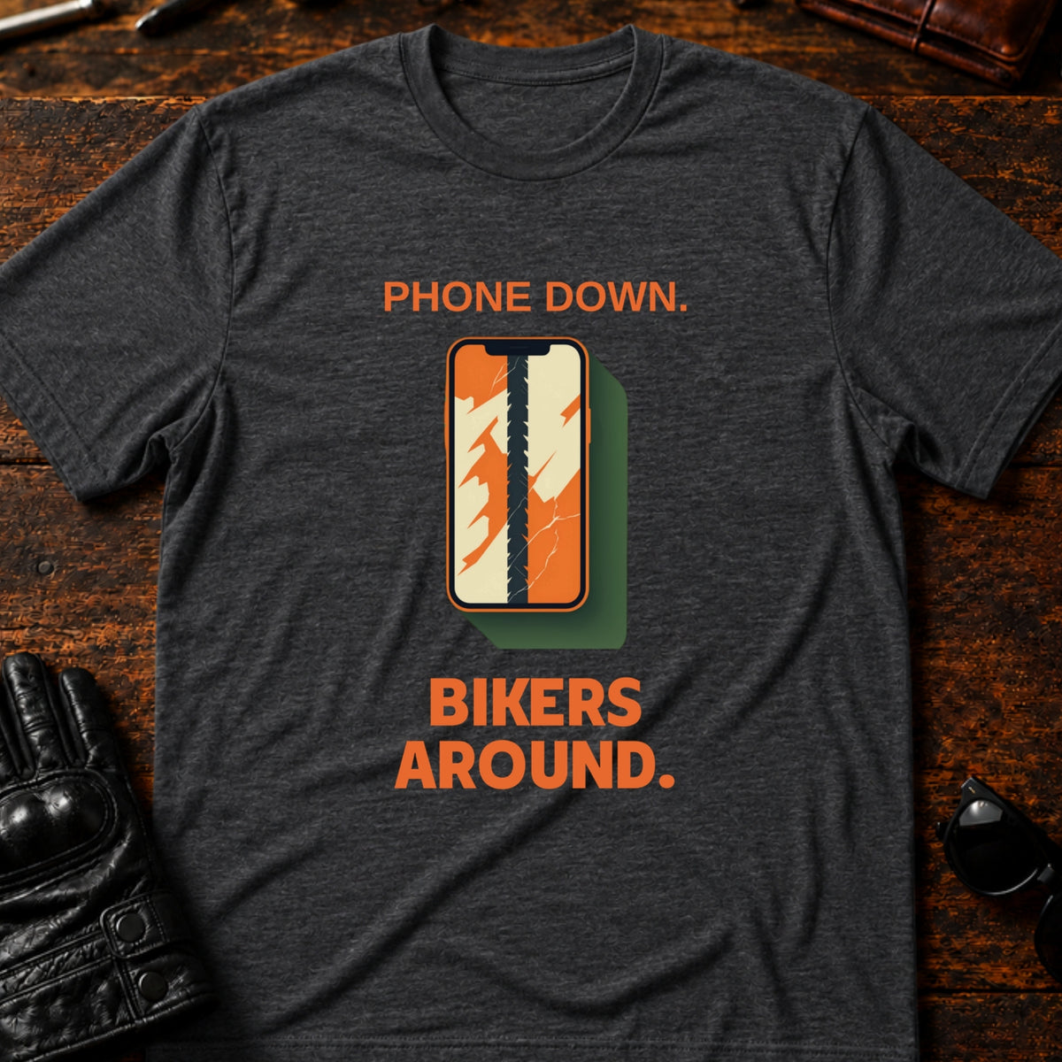 Phone Down Bikers Around Motorcycle Awareness T-Shirt, dark heather
