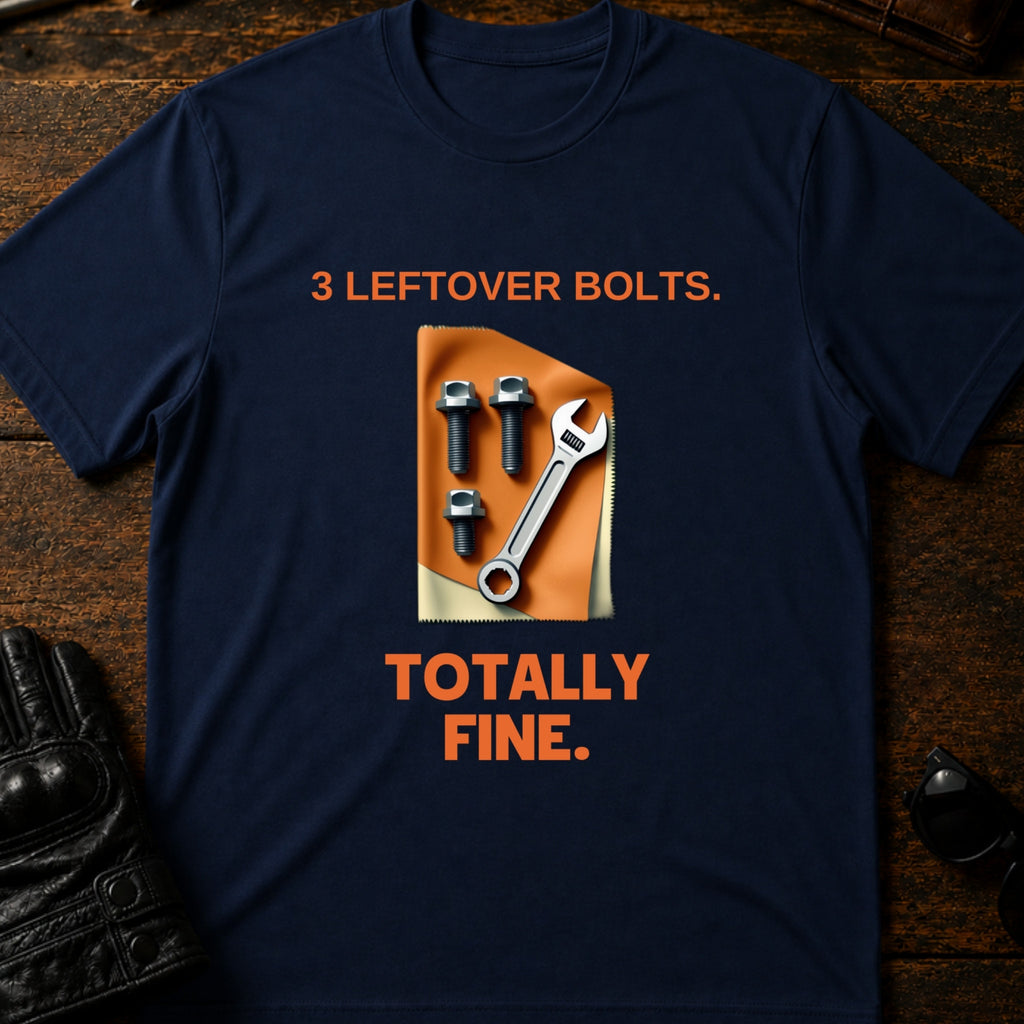 Three Leftover Bolts Totally Fine Mechanic Biker T-Shirt - mockup 5 navy