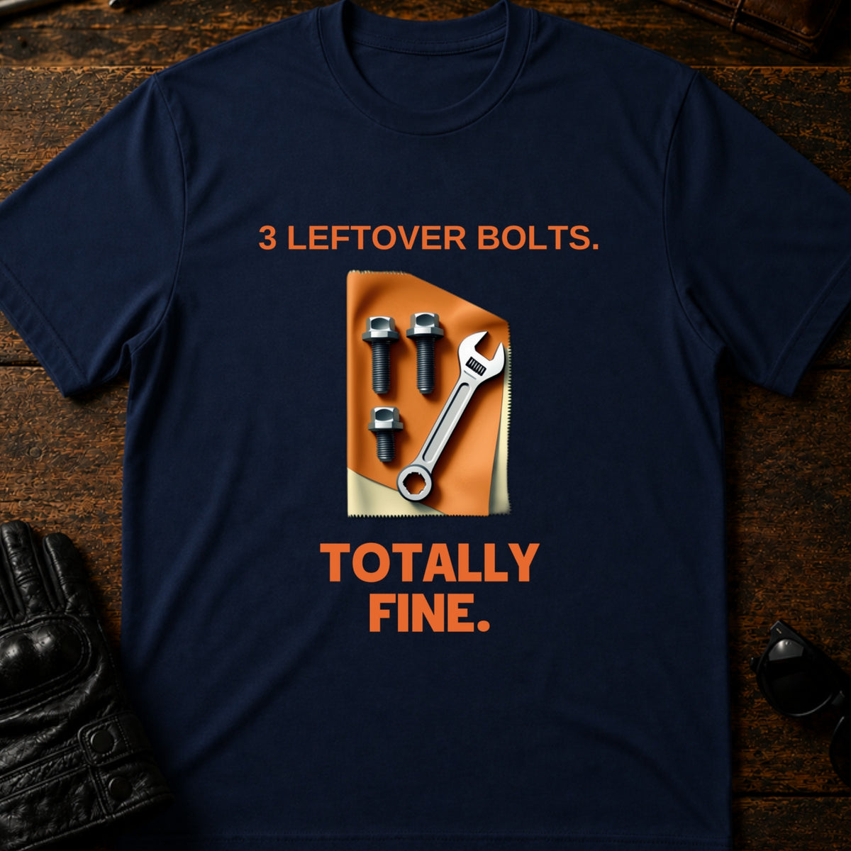 Three Leftover Bolts Totally Fine Mechanic Biker T-Shirt, navy