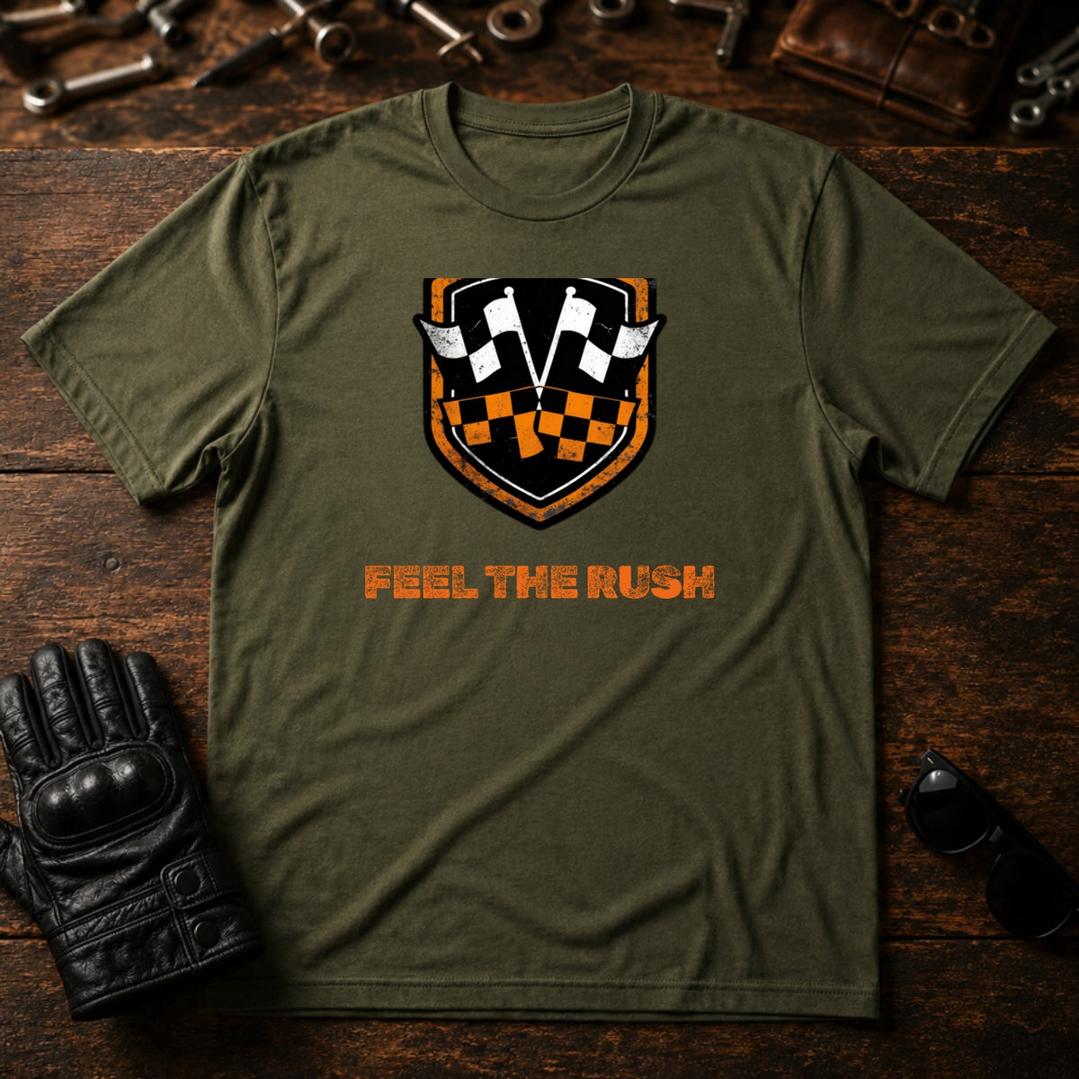 Speedway Spirit Badge T-Shirt - mockup 2 military green
