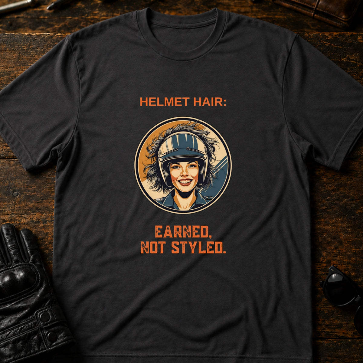 Helmet Hair Earned Not Styled T-Shirt, charcoal
