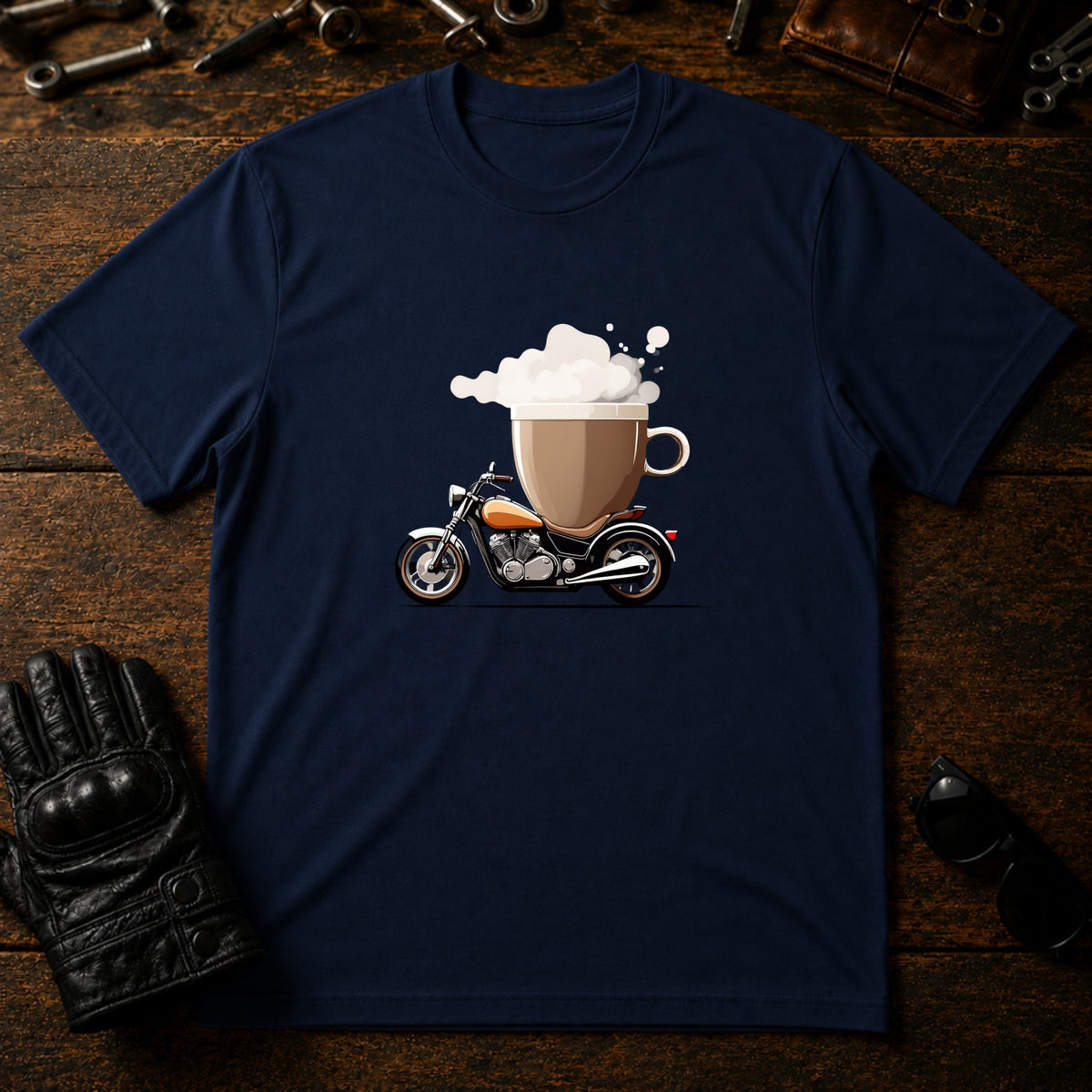Coffee and Wheels T-Shirt - mockup 5 navy