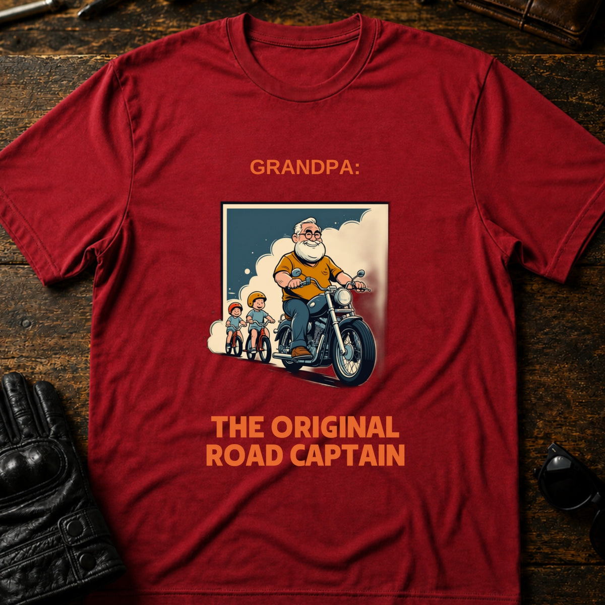 Grandpa The Original Road Captain Motorcycle Gift T-Shirt, cardinal red