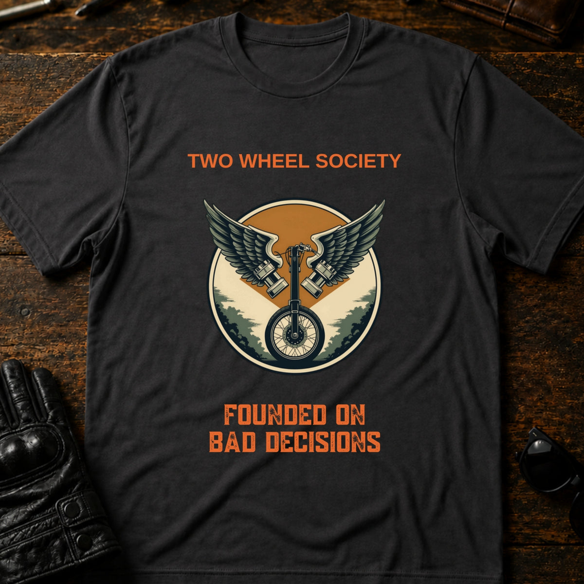 Two Wheel Society Founded On Bad Decisions T-Shirt, charcoal