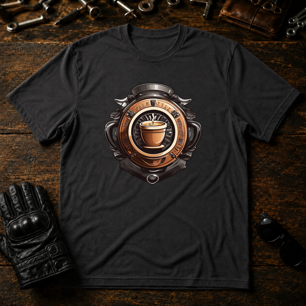 Coffee and Wheels Emblem T-Shirt - mockup 3 charcoal