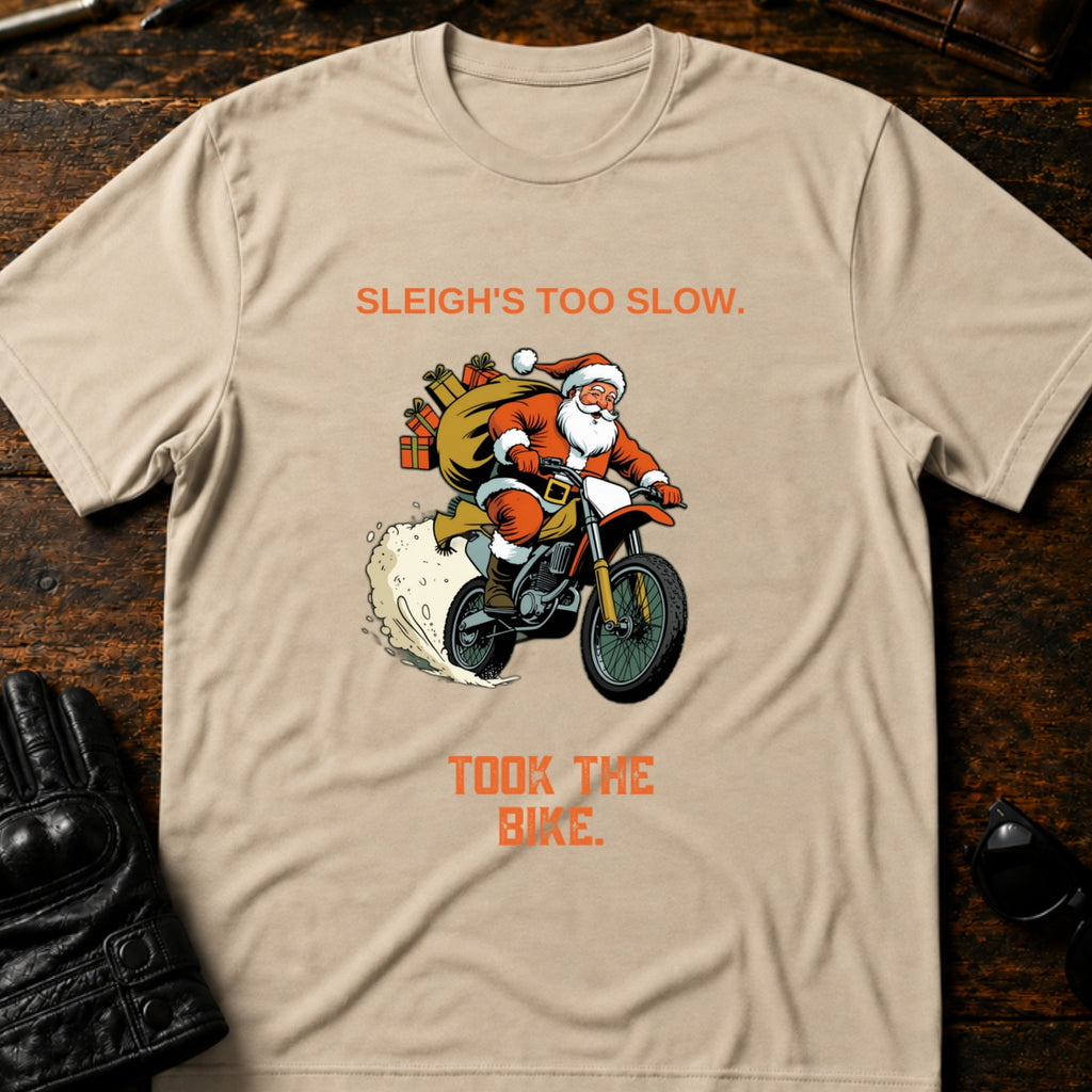 Sleighs Too Slow Took The Bike Santa T-Shirt - mockup 6 sand