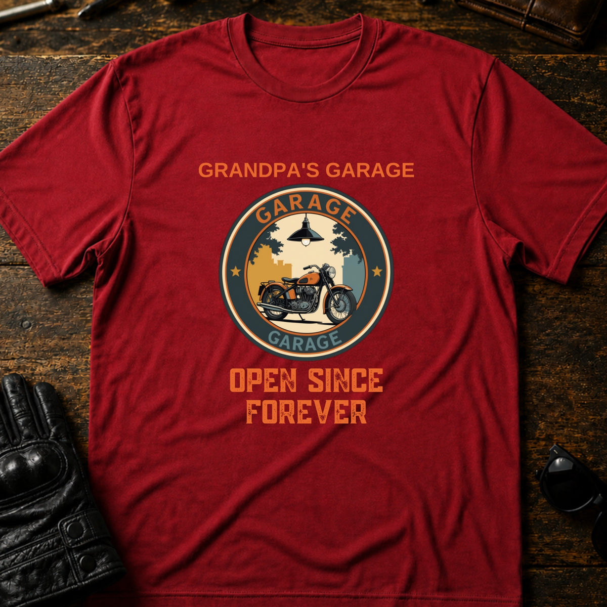 Grandpas Garage Open Since Forever Biker T-Shirt, cardinal red
