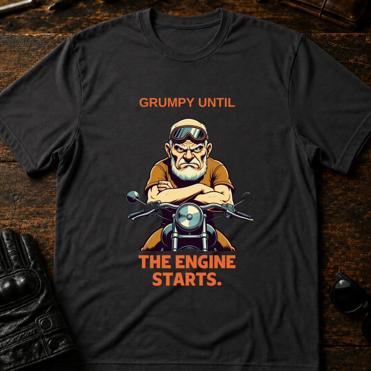 Grumpy Until The Engine Starts Dad Biker T-Shirt, charcoal