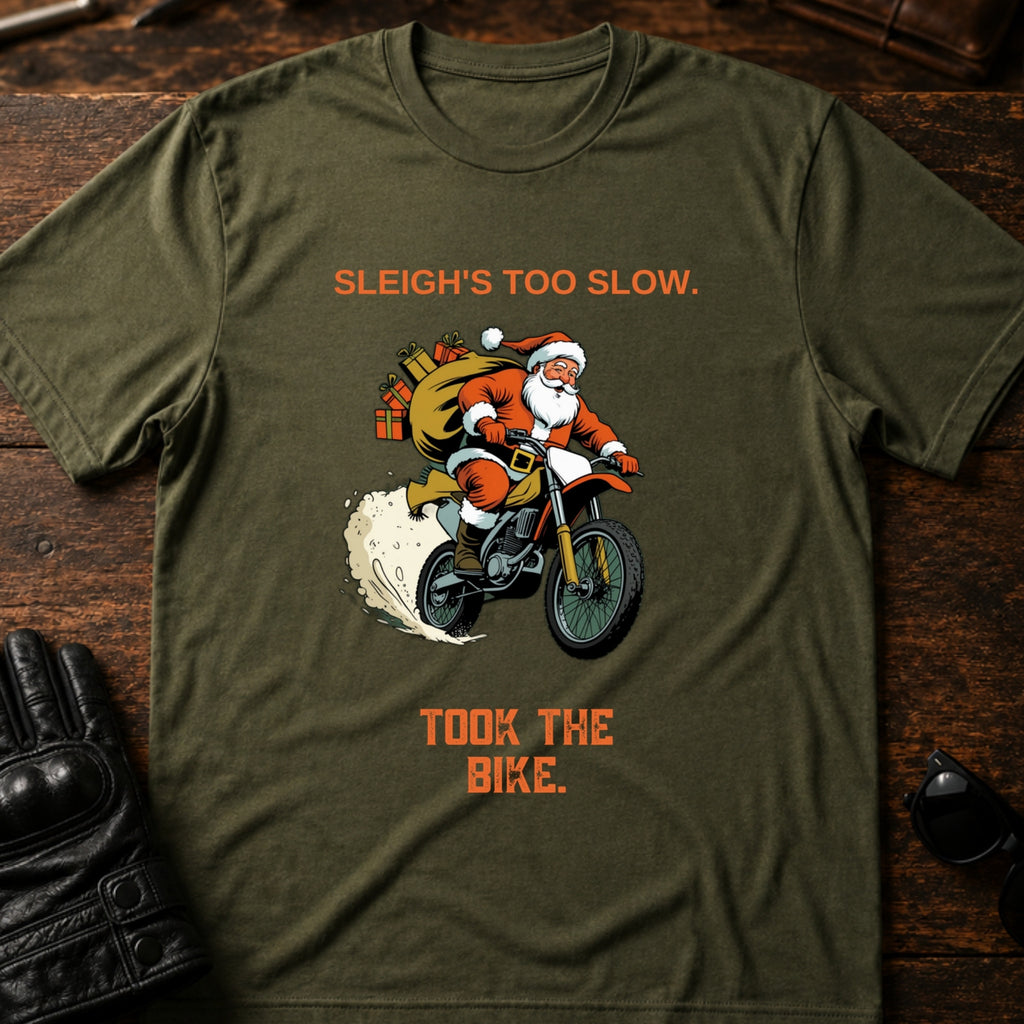 Sleighs Too Slow Took The Bike Santa T-Shirt - mockup 2 military green