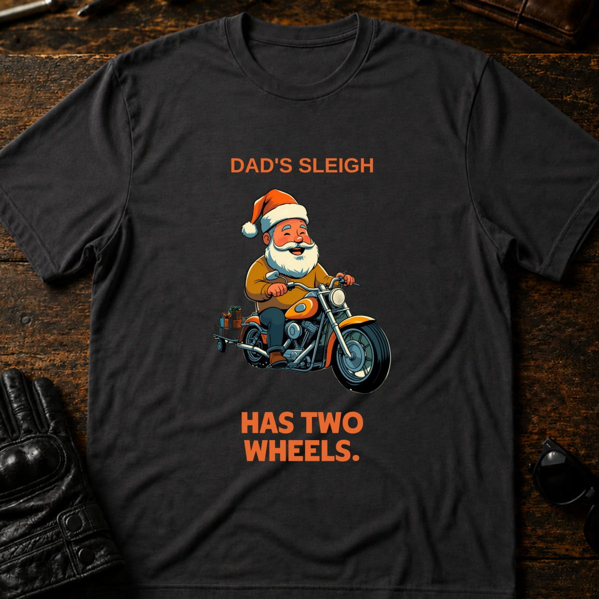 Dads Sleigh Has Two Wheels Christmas Motorcycle T-Shirt, charcoal