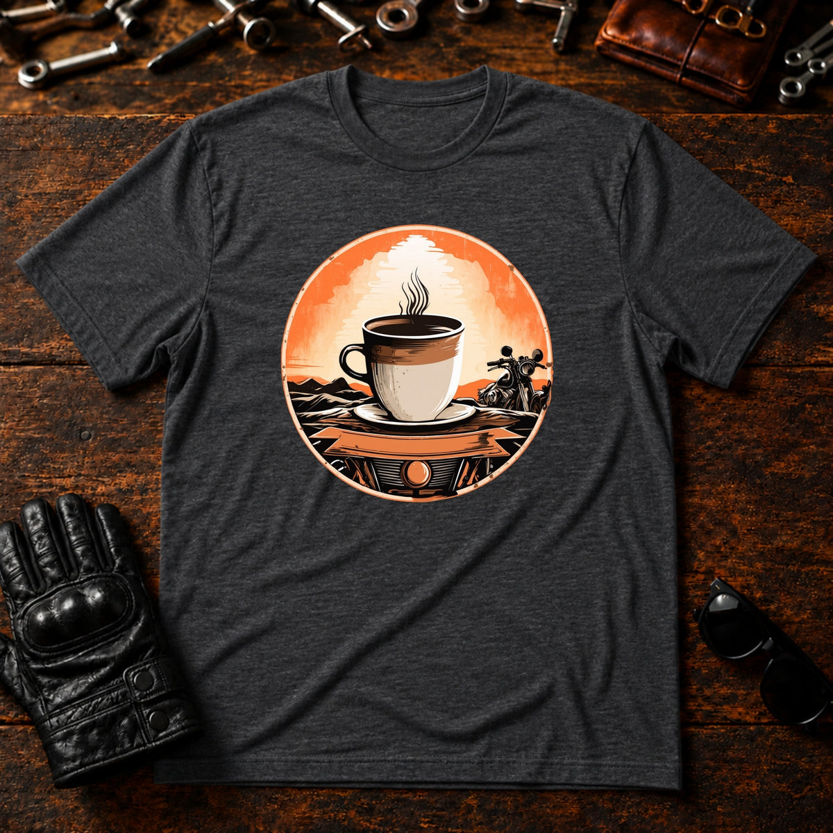 Sunrise Coffee Ride T-Shirt - mockup 8 dark heather