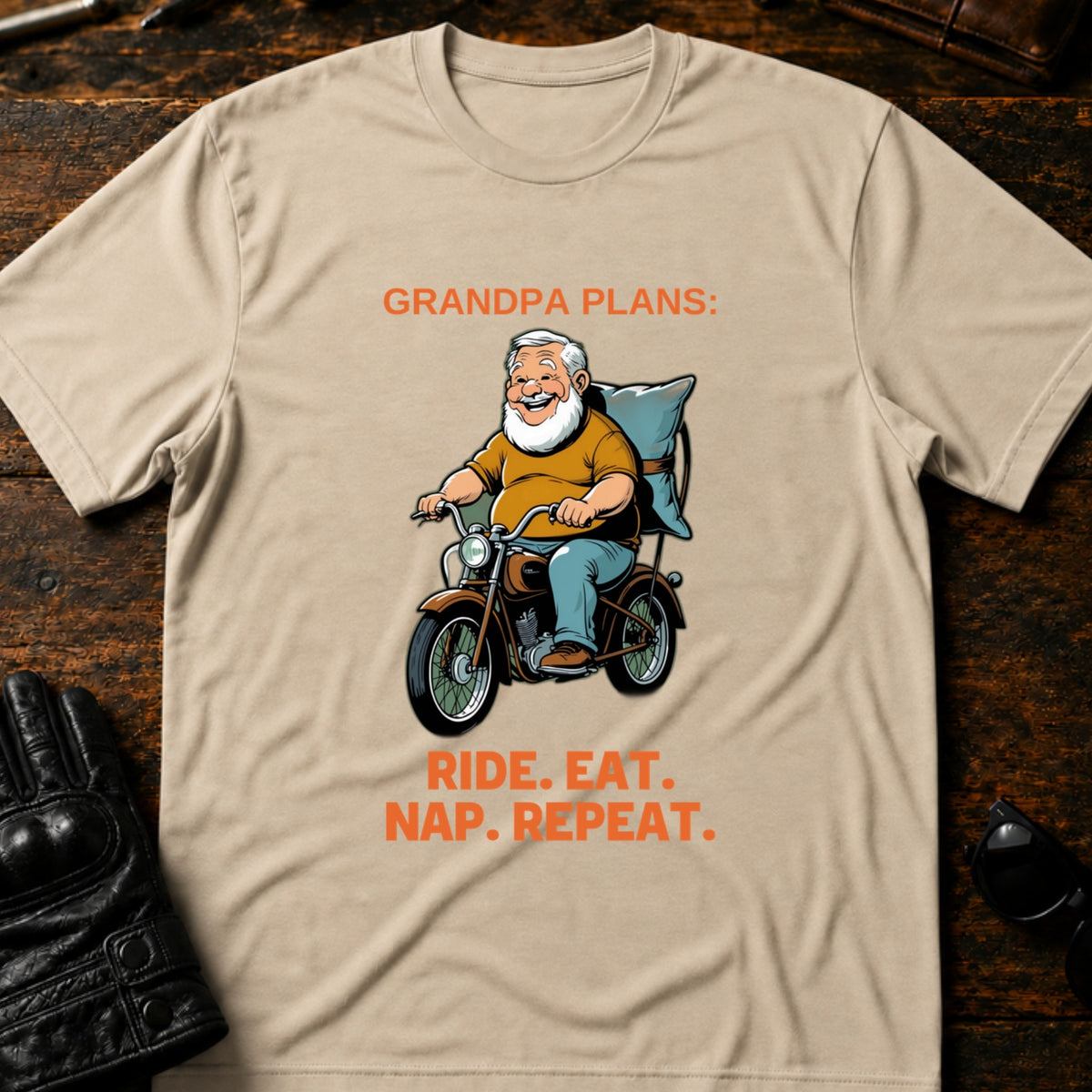 Grandpa Ride Then Nap Biker Grandpa T-Shirt, sand