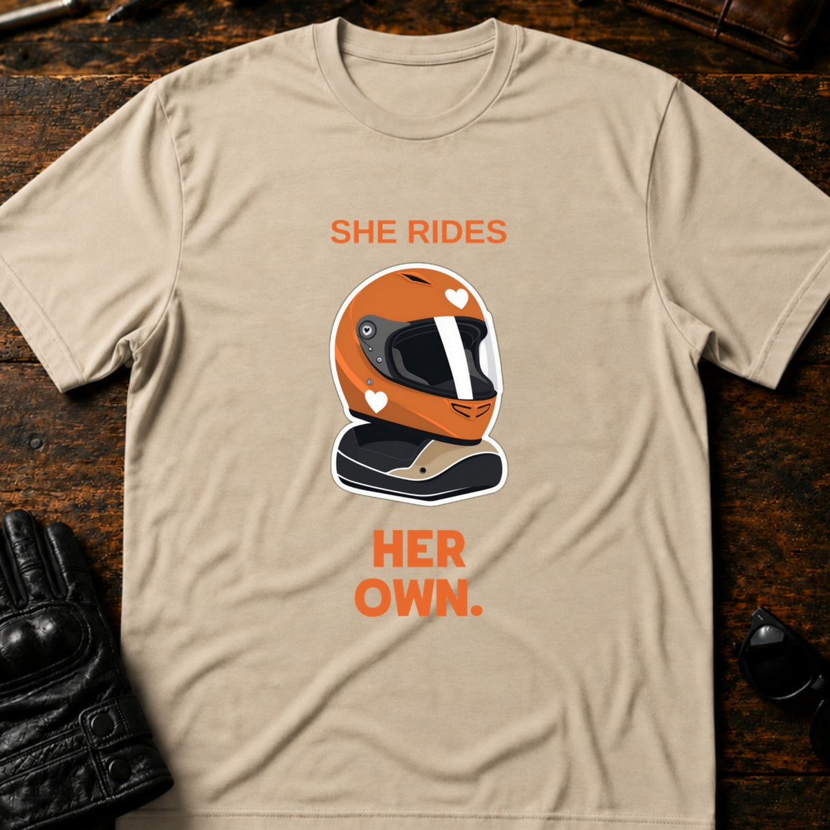 She Rides Her Own Women Motorcycle T-Shirt, sand