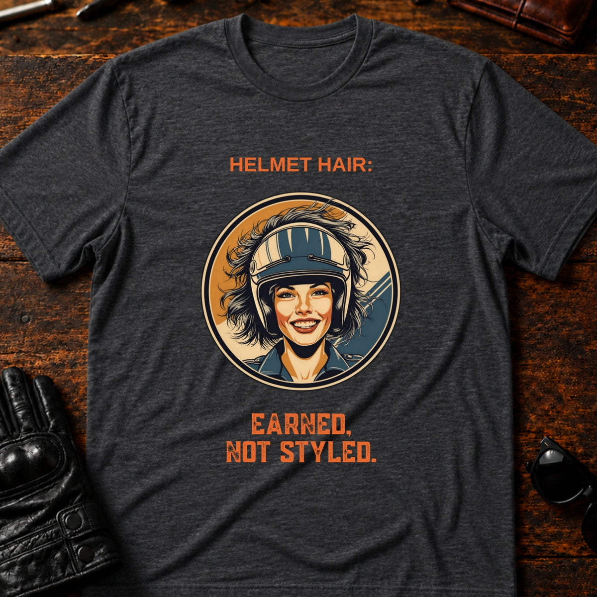 Helmet Hair Earned Not Styled T-Shirt, dark heather