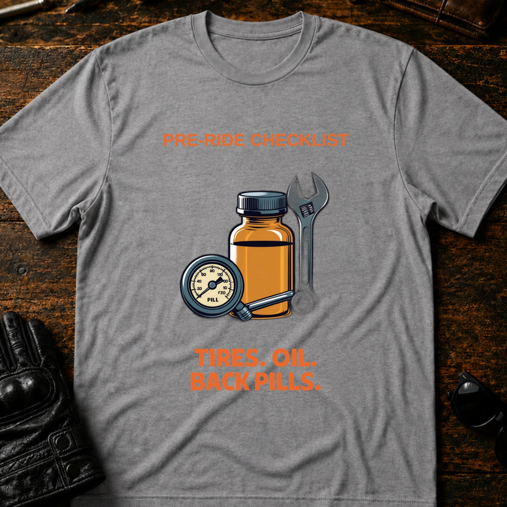 Pre-Ride Checklist Back Pills T-Shirt - mockup 4 sport gray