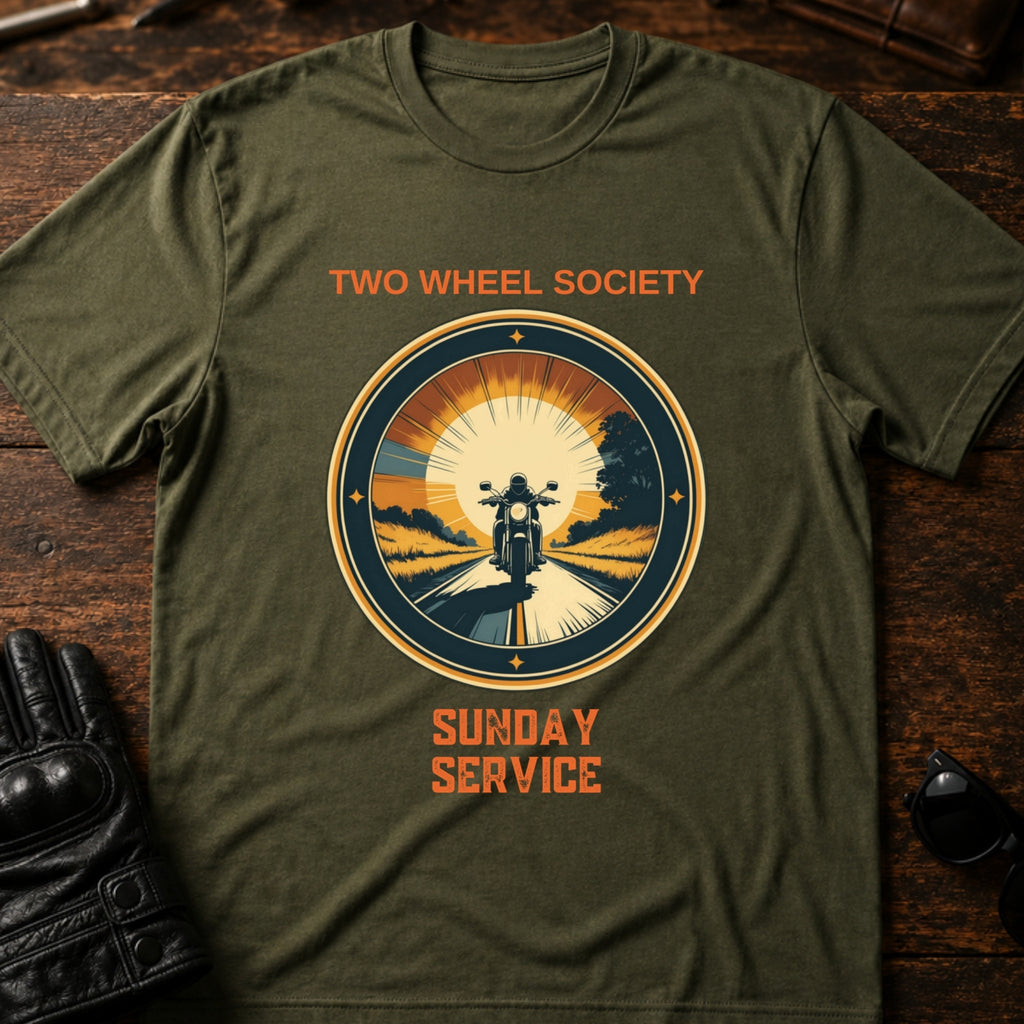 Two Wheel Society Sunday Service On The Road T-Shirt - mockup 2 military green