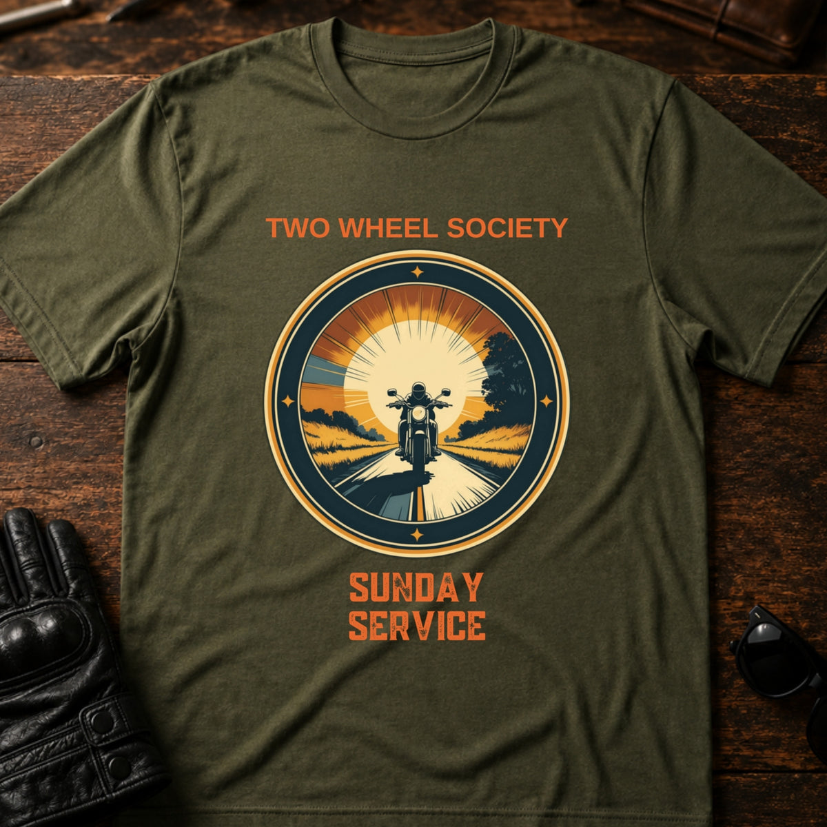 Two Wheel Society Sunday Service On The Road T-Shirt, military green