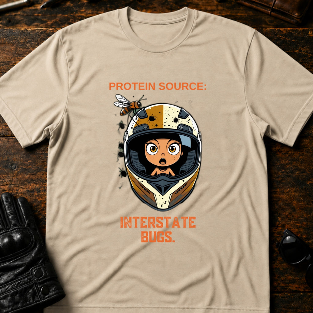 Protein Source Interstate Bugs Funny Biker T-Shirt - mockup 6 sand