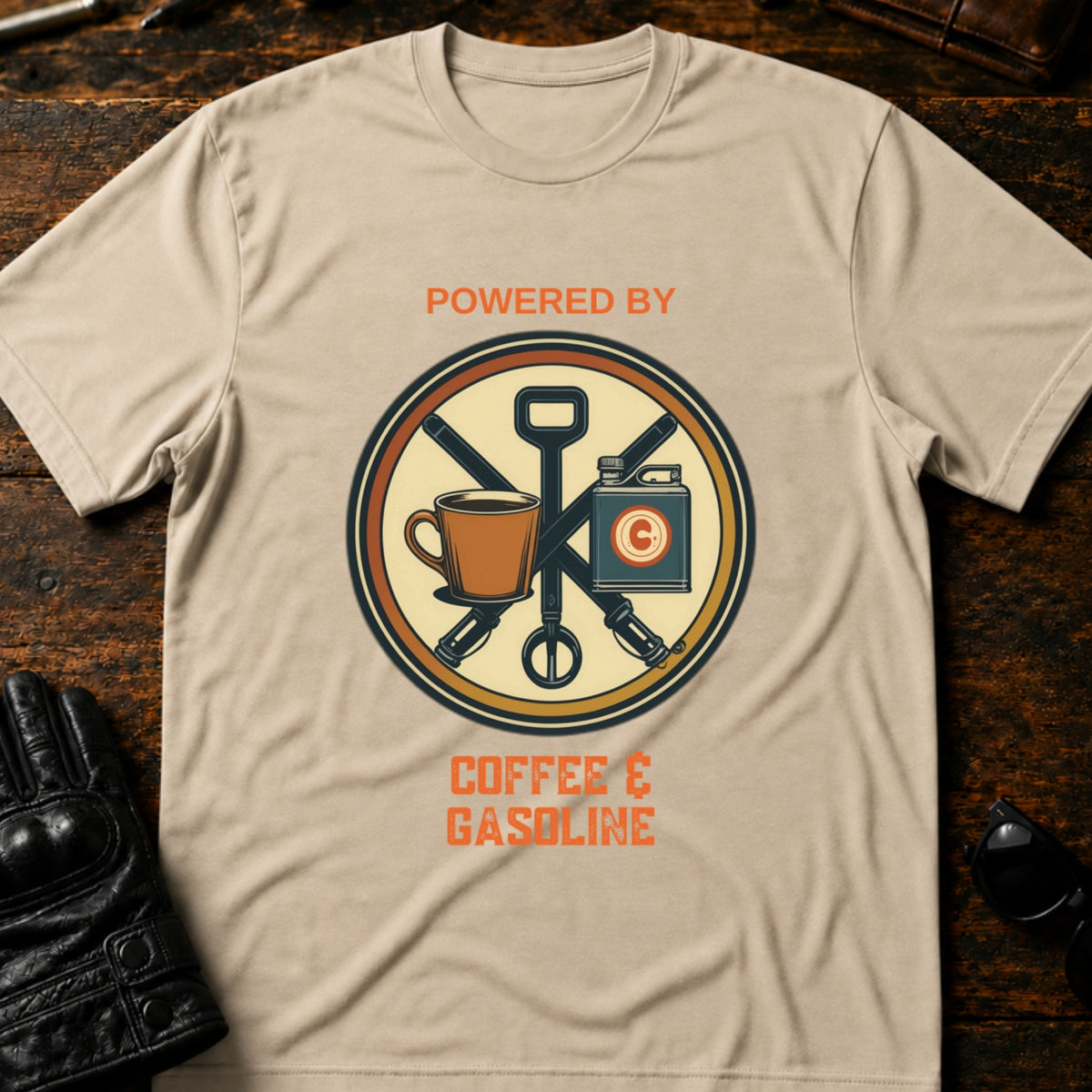 Powered By Coffee And Gasoline Two Wheel Society T-Shirt, sand