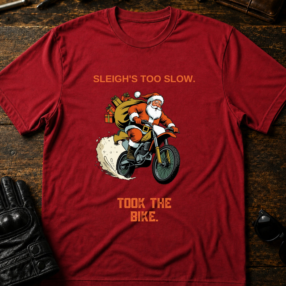 Sleighs Too Slow Took The Bike Santa T-Shirt, cardinal red