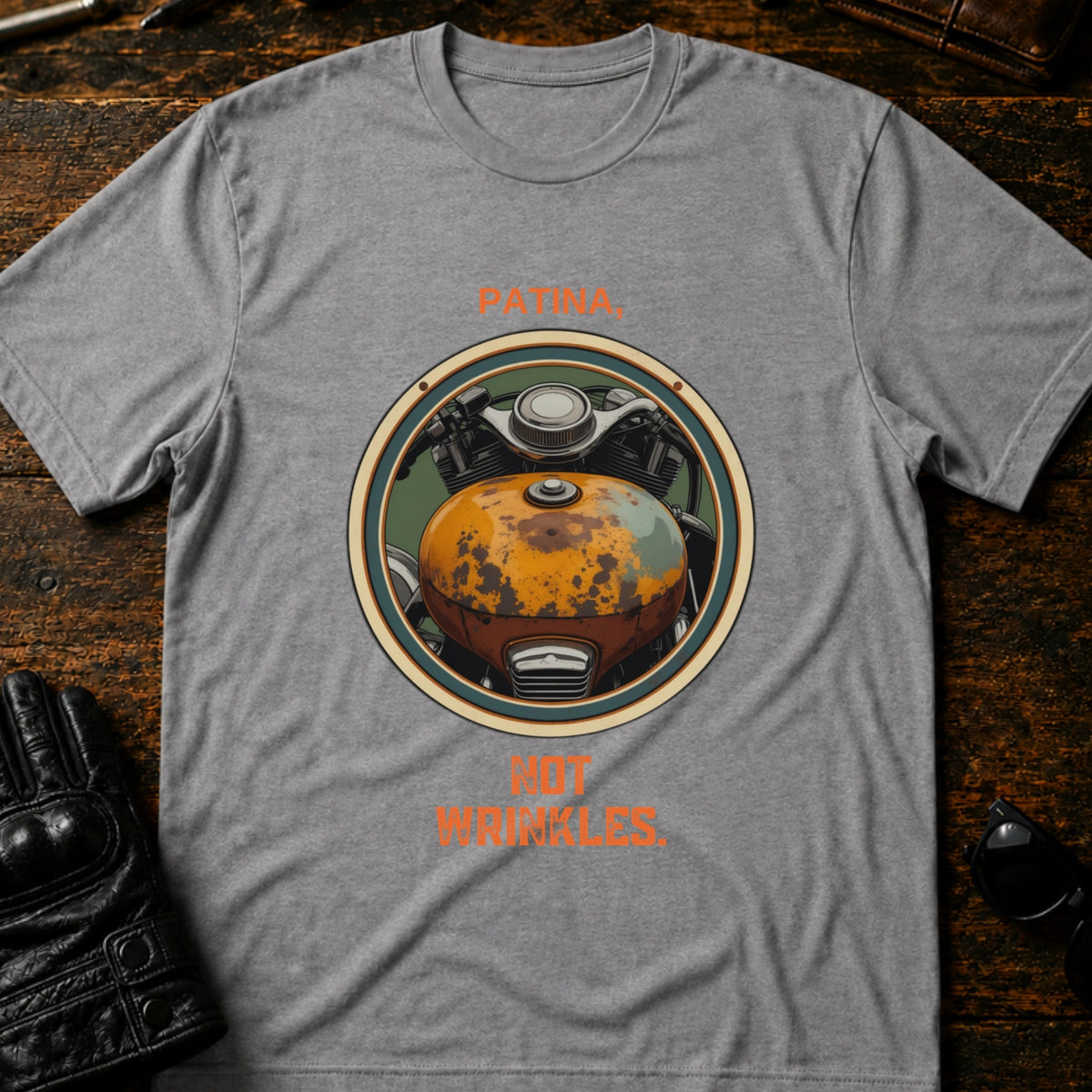 Patina Not Wrinkles Vintage Motorcycle T-Shirt, sport gray